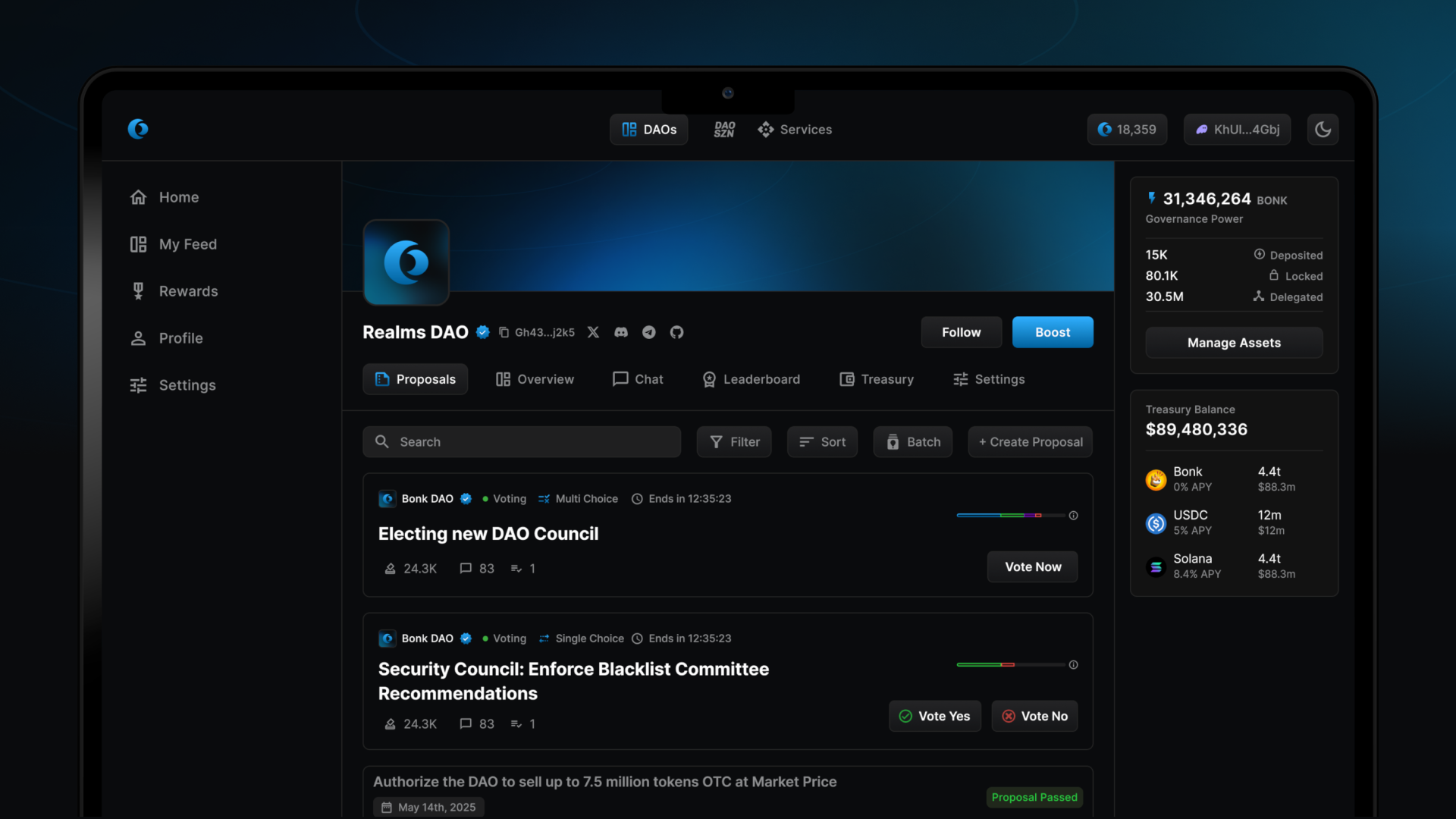 Realms proposals and voting interface